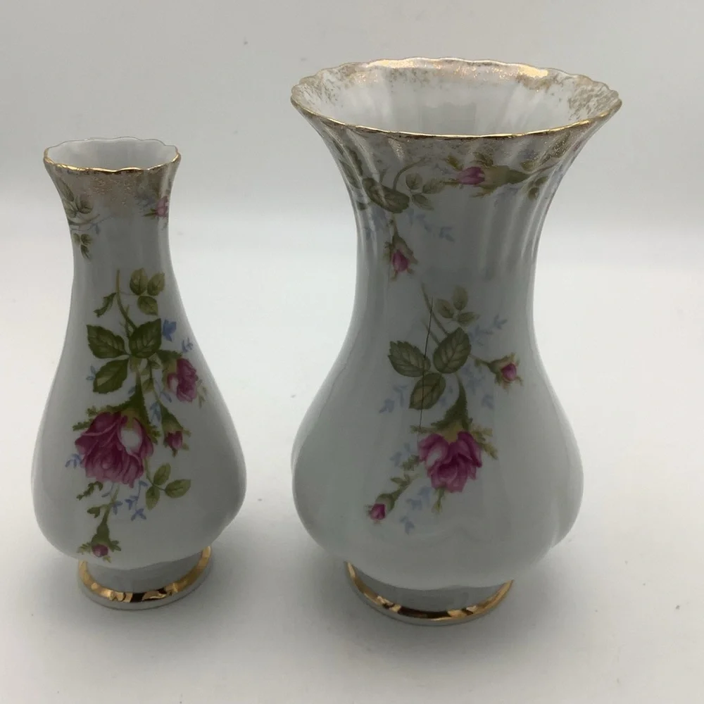 Two Vintage Chodziez Poland Floral Vases Gold Accents